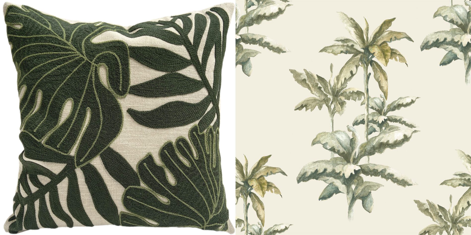 Almofada com bordado inspirado nas folhagens amazônicas e papel de parede com palmeiras, da coleção Raízes | Fotos: Divulgação/ Montagem