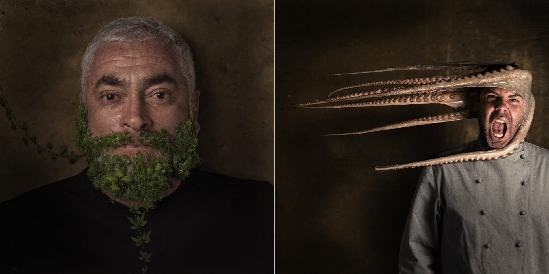 Retratos dos chefs Alex Atala (à esq.) e Oscar Bosh feitos por Paulo Vitale | Foto: Paulto Vitale/ Montagem