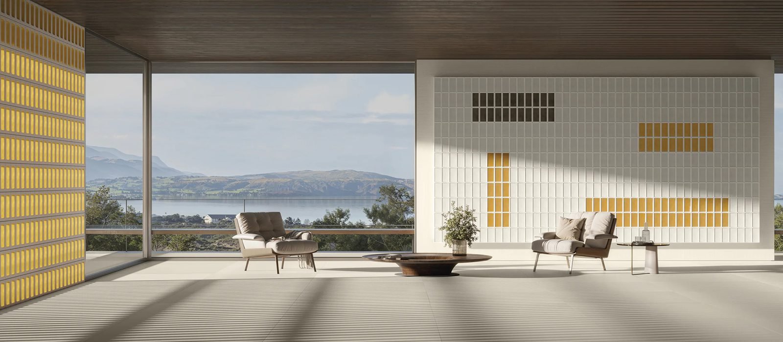 Cobogós, porcelanato, lastras e azulejos da coleção Haptic, aplicados em ambiente pela Portobello | Imagem: Divulgação