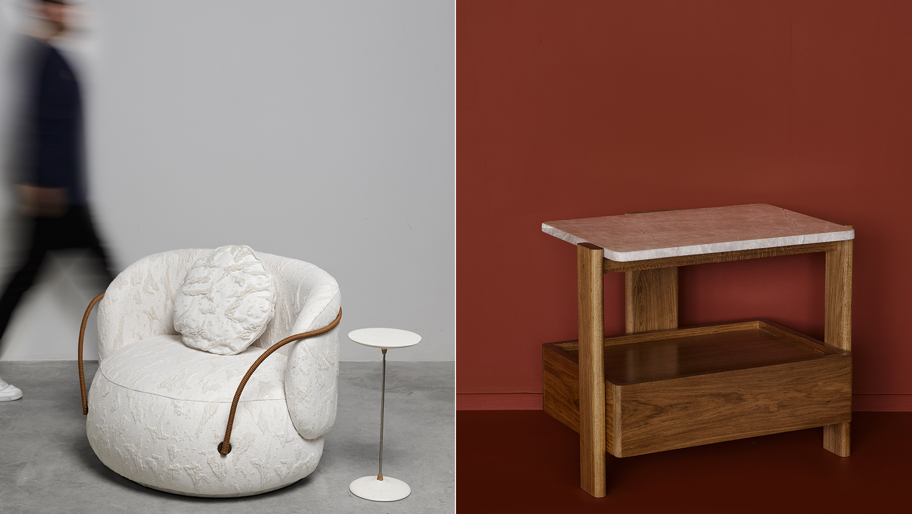 Poltrona Pietra VIVA, da designer Marta Manente, e mesa de cabeceira Celina, de Felipe Madeira | Foto: Nino Andres Biasizzo/ Divulgação