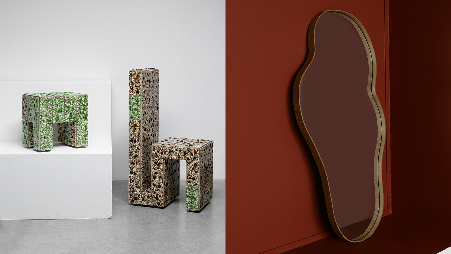 Móveis da série Alvitre, do Urtiga Studio, e espelho Flow, do ateliê Ettérea | Foto: Nino Andres Biasizzo/ Divulgação