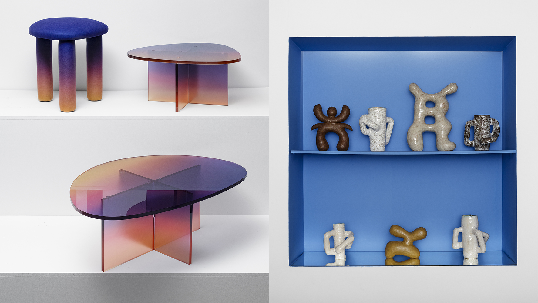 Mesas e bancos da Spectro, vasos da série Tríade da Conko e esculturas do a.terra estúdio | Foto: Nino Andres Biasizzo/ Divulgação