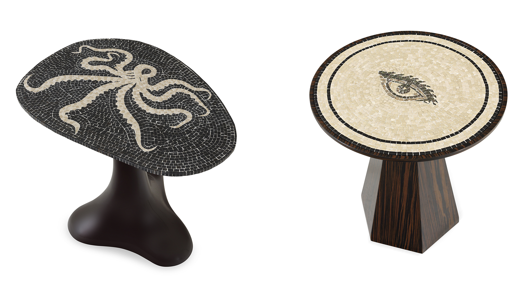 Mesas laterais Marea e Spectrum da coleção Arcanum, da Artefacto, a oitava assinada por Patricia Anastassiadis | Foto: Divulgação