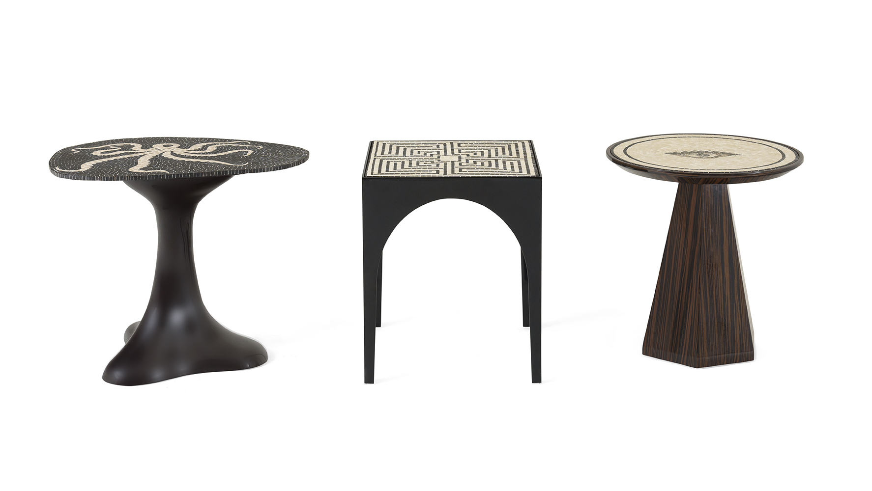 Mesas laterais Marea, Arcanum e Spectrum da coleção Arcanum, da Artefacto, a oitava assinada por Patricia Anastassiadis | Foto: Divulgação