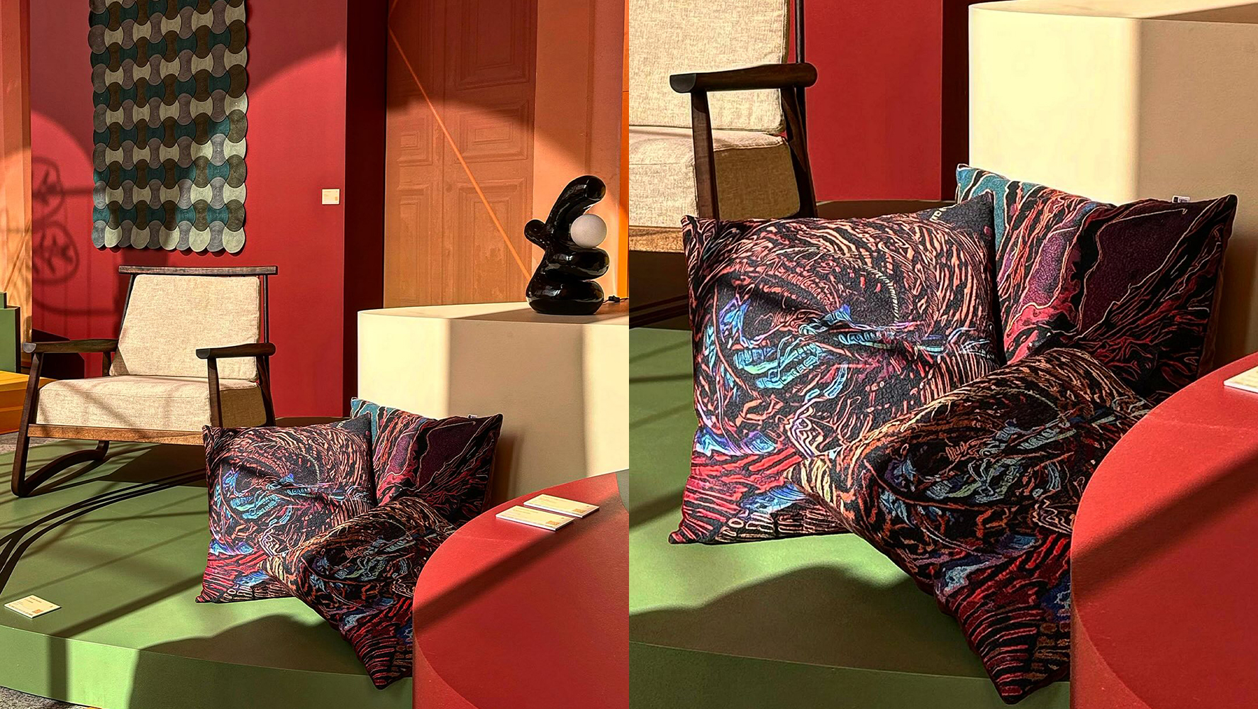 Almofadas do projeto 1+1+byKamy com bordadeiras mineiras em exposição na mostra Chuva de Caju, na Statale | Fotos: Reprodução @bykamy