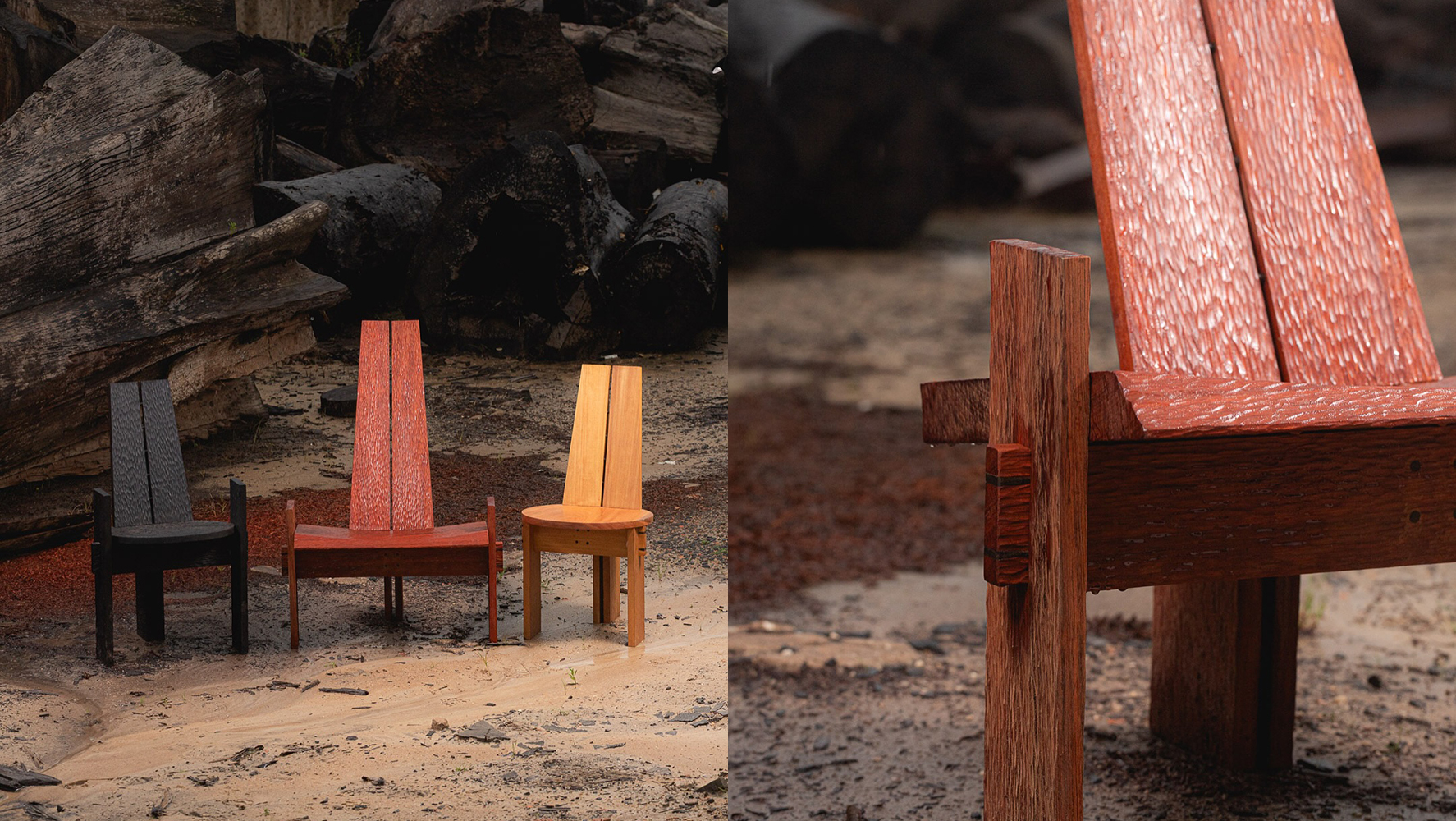 Cadeiras e poltrona (no centro e no detalhe) em exposição na mostra Chuva de Caju, na Statale , e na expisção ‘Entre Terra e Céu – As Vozes do Design Brasileiro’ - respectivamente | Fotos: Reprodução @labmobili