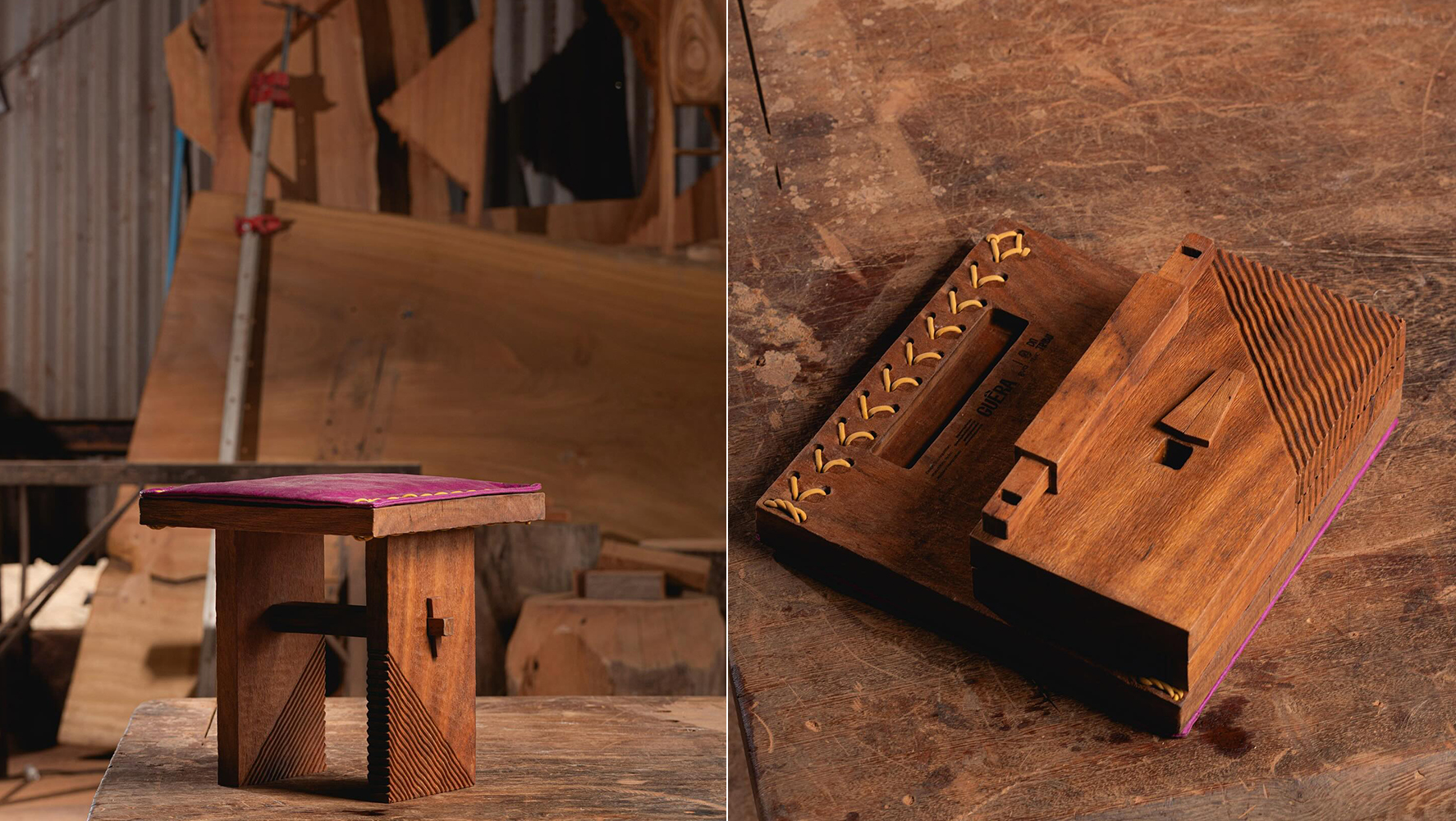 Banco desmontável Guêra, projetado pelo escritório Guá Arquitetura, em exposição na mostra Chuva de Caju, na Statale | Fotos: Reprodução @vestigiosvedac