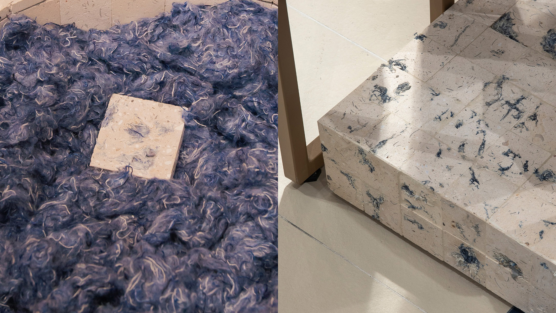 Revestimento cimentício Olaria Índigo, desenvolvido pela Lepri, em exposição na mostra Chuva de Caju, na Statale | Fotos: Reprodução @lepriceramicas