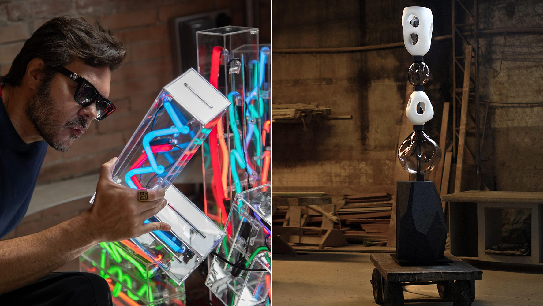 Puzzle Neon Lights (à dir.), criadas por Alê Jordão, sob inspiração da cultura urbana, e luminária Vertikaos, da artista e ceramista Claudia Issa, feita em porcelana, vidro soprado e madeira reciclada | Fotos: Reprodução @alejordao_art + @piloto_milano