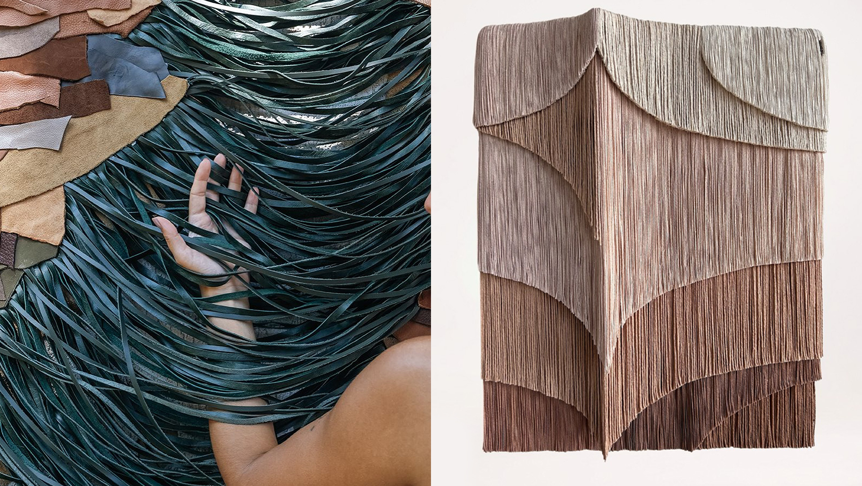 Cânions da Terra (à dir.), painel decorativo criado por Gabi Talarico, e tapeçaria assinada por Carolina Kroff. Ambos expostos na mostra ‘Entre Terra e Céu – As Vozes do Design Brasileiro’ | Fotos: Reprodução @hello.tropicalistic