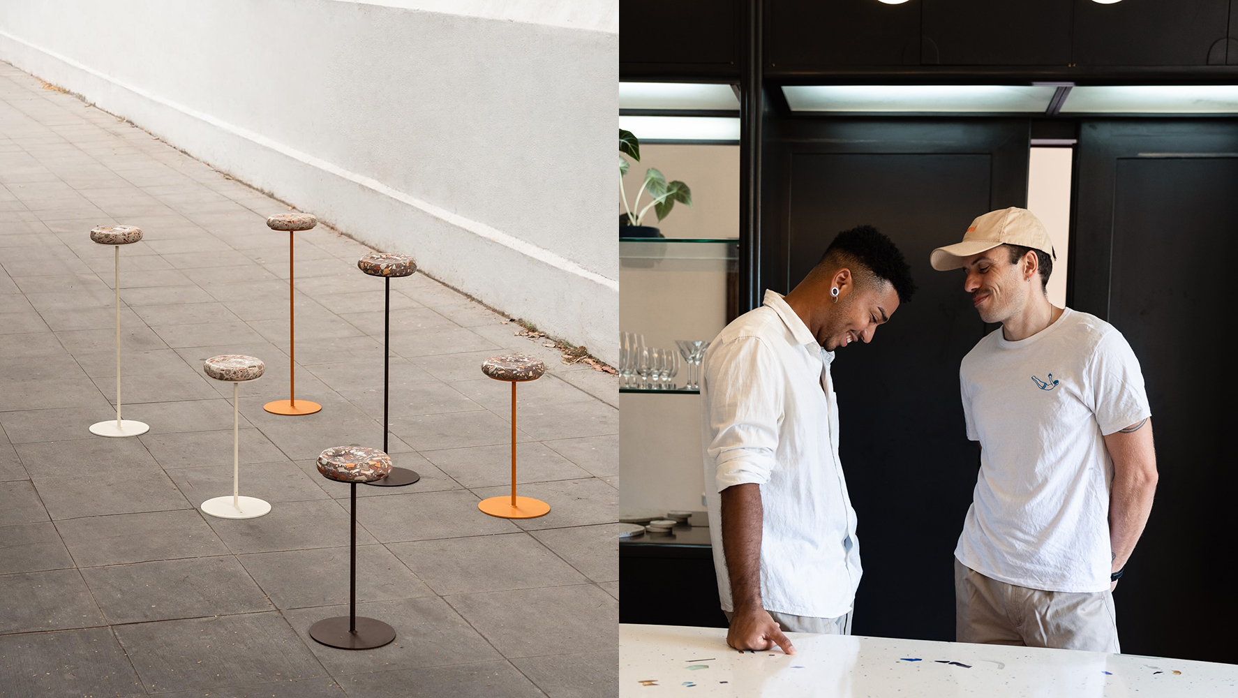 Mesas laterais Brut, do Assimply Studio, expostas na mostra ‘Entre Terra e Céu – As Vozes do Design Brasileiro’ | Fotos: Reprodução @assimply + Divulgação