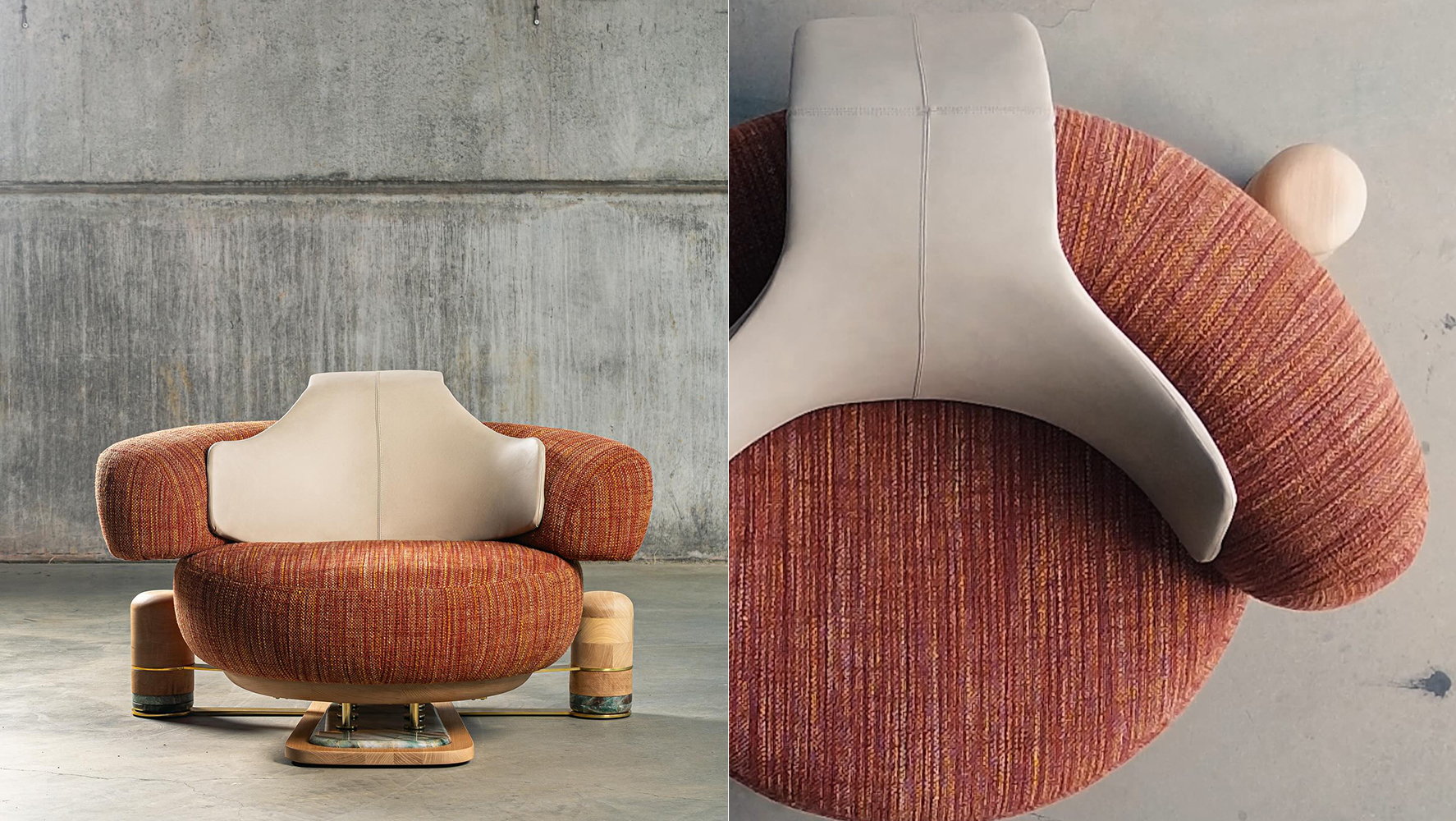 Poltrona Tóio, assinada por Richard Daniel para a Tironi Estofados, leva couro, madeira maciça, pedra e tecido | Fotos: Reprodução @tironiestofados