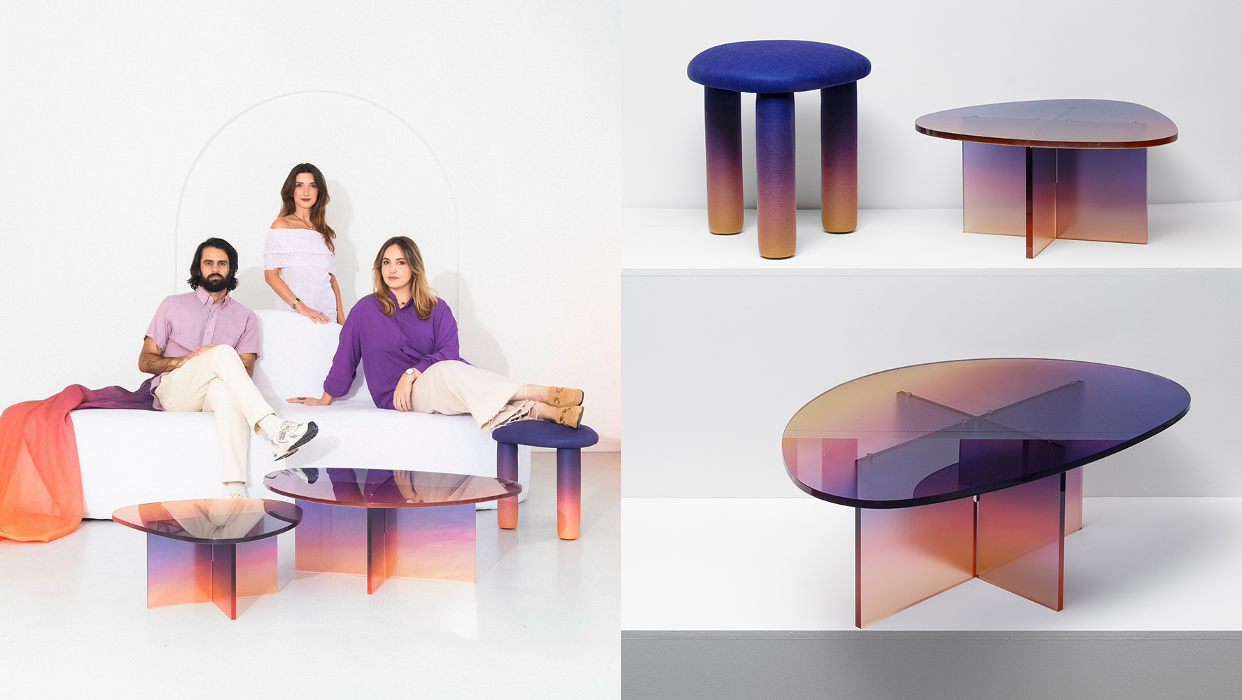 Mesas da coleção Dawn & Dusk, do Spectro Design, expostas na mostra ‘Entre Terra e Céu – As Vozes do Design Brasileiro’ | Fotos: Reprodução @hello.tropicalistic + Divulgação